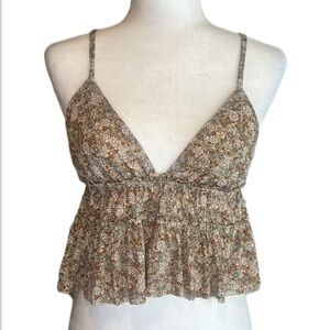 Molly Green brown green floral ruffled vneck strappy crop top size s small